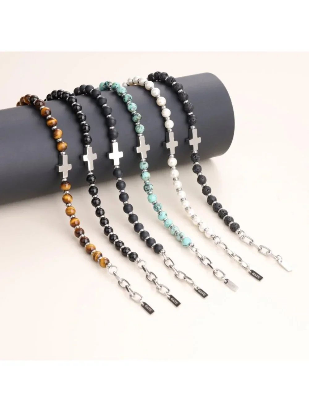 Stylish Men's Beaded Cross Bracelet - Crystal Accents, Perfect Gift for Him